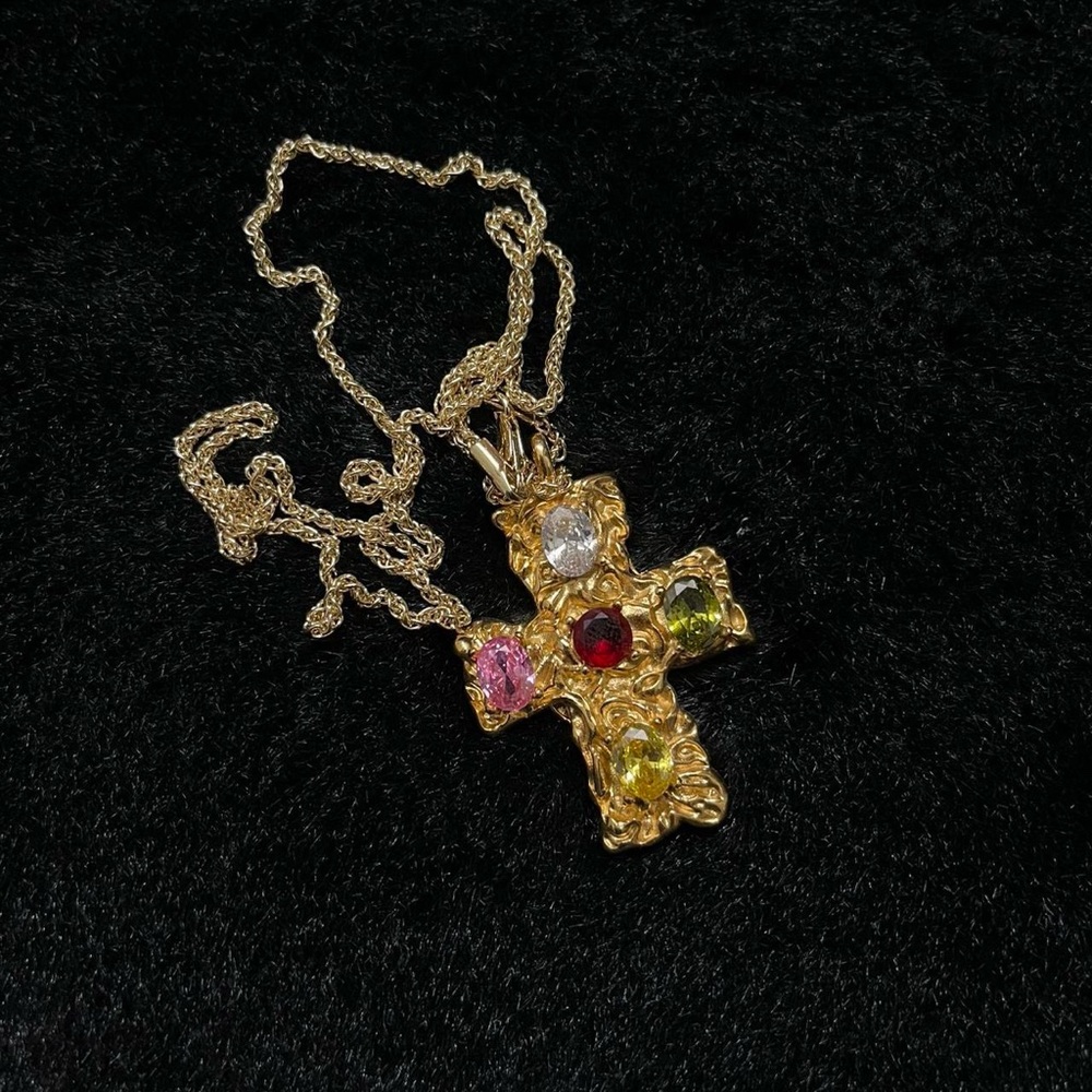 Gold Cross Pendant Necklace with Multicolor Gems